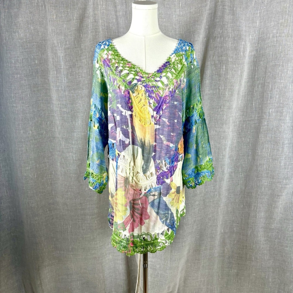 RAIN Crochet Sheer Textured Knit Boho Top Size XL Sheer Floral Festival Cover Up
